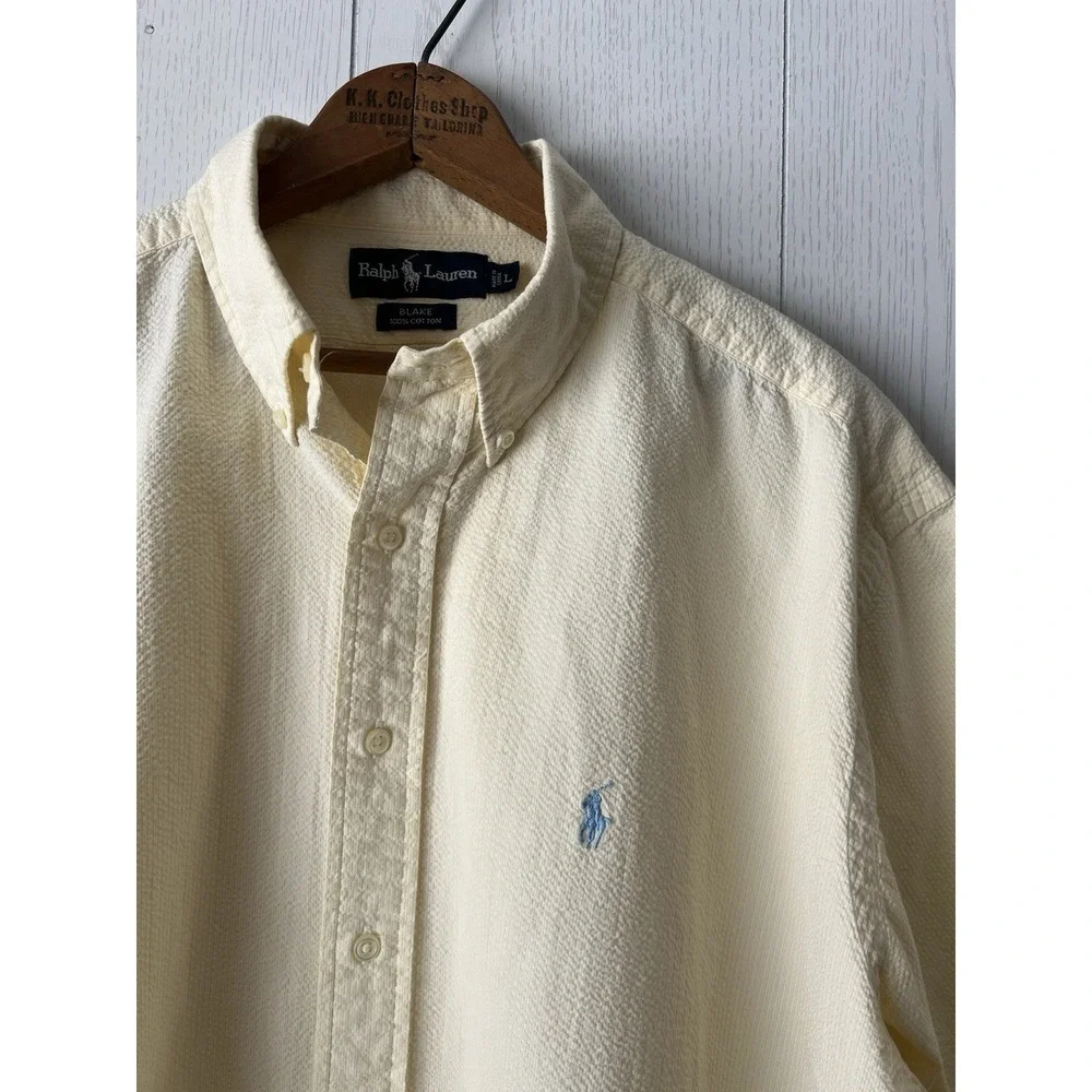 Vintage Ralph Lauren Blake Seersucker Shirt Mens L Yellow Short Sleeve Blue Pony